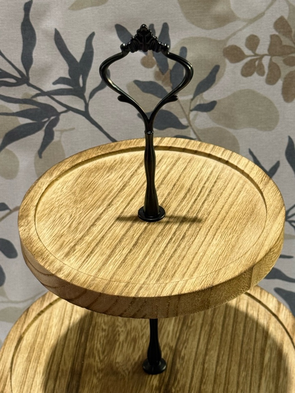 3-Tier Wooden Serving Stand - Medium color Natural Wood with Black accessories. - Picture 3 of 4
